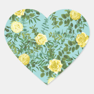 Sticker Cœur Jaune et Aqua Vintage Ressort Mariage Floral