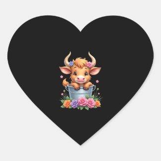Sticker Cœur Joli bébé vache highland avec fleurs Veau Animal c