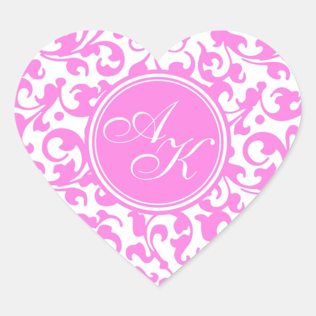 Sticker Cœur Joli Monogramme rose et blanc Damas (Devant)