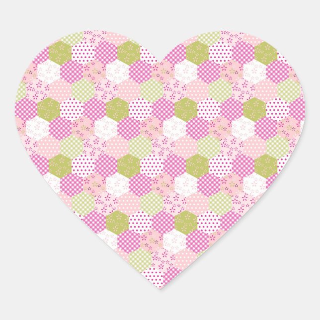 Sticker Cœur Joli Pastel Rose Vert Patchwork Design Quilt (Devant)