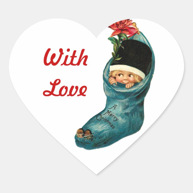 Sticker Cœur Joli réveil de Noël, Petit Enfant, Coeur Blanc (Devant)