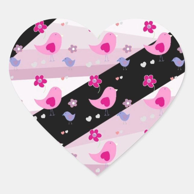 Sticker Cœur Joli rose noir gris oiseau motif accessoire cadeau (Devant)