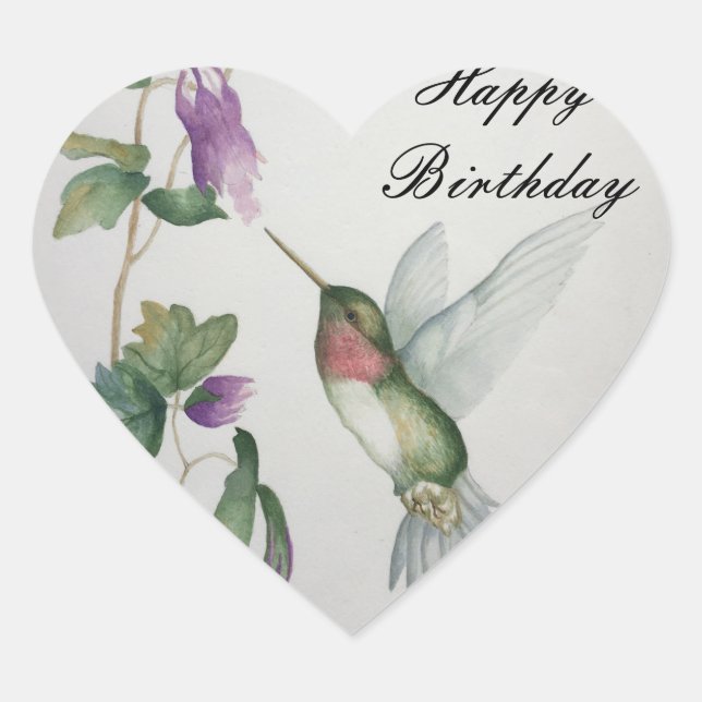 Sticker Cœur Jolie colibri Joyeuse aquarelle d'anniversaire (Devant)