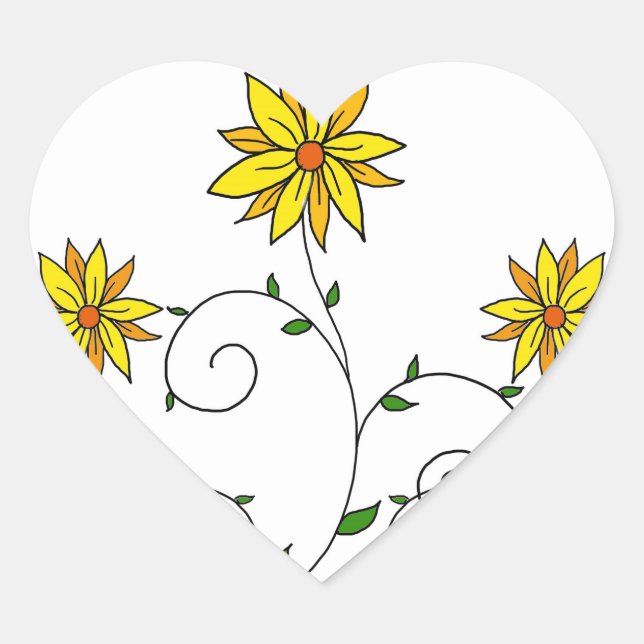 Sticker Cœur Jolie Fleurs Jaunes Blancs Doodle Art (Devant)
