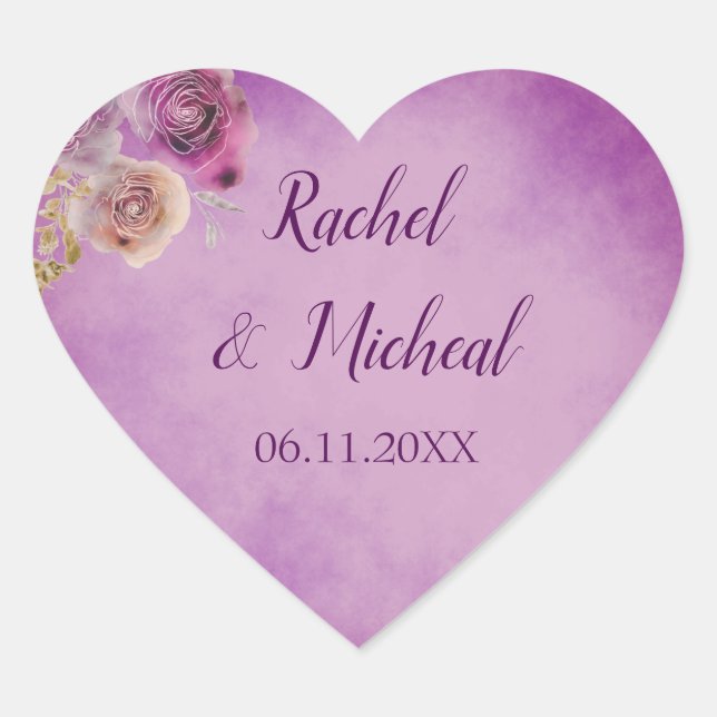 Sticker Cœur Jolie Mariage Floral d'aquarelle violette (Devant)