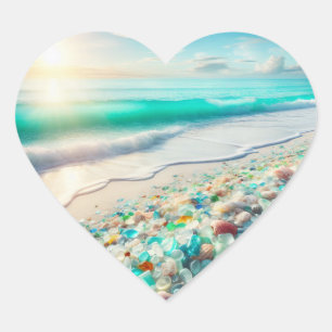 Sticker Cœur Jolie plage Ocean avec verre de mer