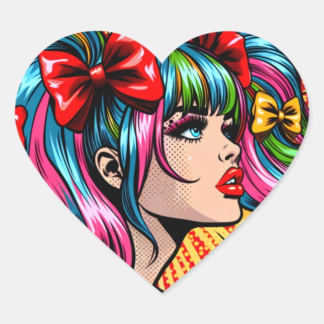 Sticker Cœur Jolie Pop Art Comic Girl with Bows (Devant)
