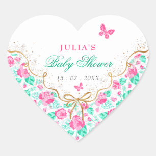Sticker Cœur Jolie rose rose florale ruban doré Baby shower