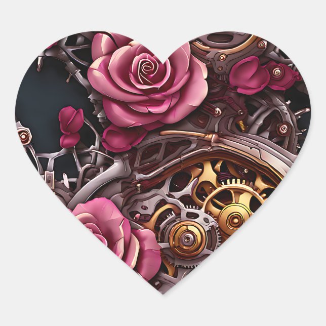 Sticker Cœur Jolie rose roses et engrenages en métal Steampunk (Devant)