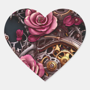 Sticker Cœur Jolie rose roses et engrenages en métal Steampunk