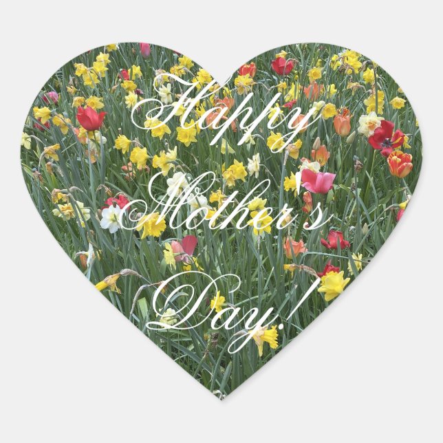 Sticker Cœur Joyeuse Fête des Mères Daffodil Fleurs Tulipes Flo (Devant)