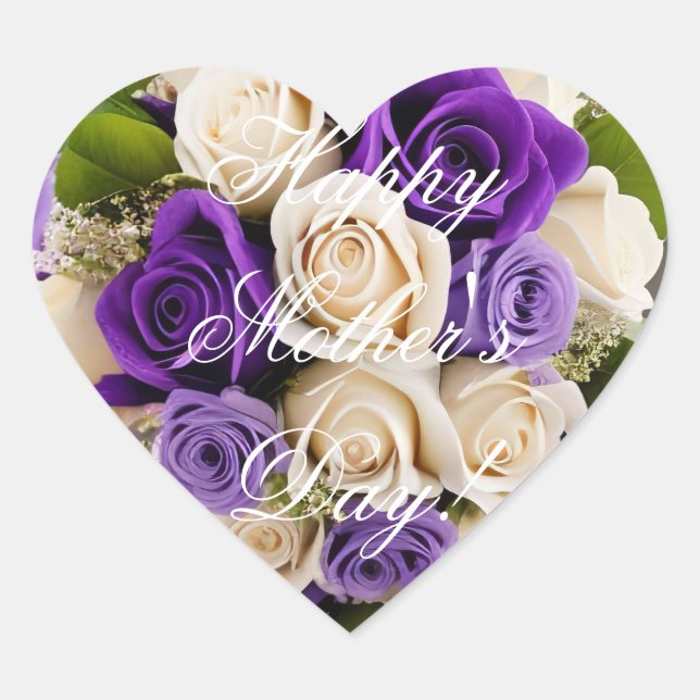 Sticker Cœur Joyeuse Fête des Mères Élégant Violet Rose Floral (Devant)