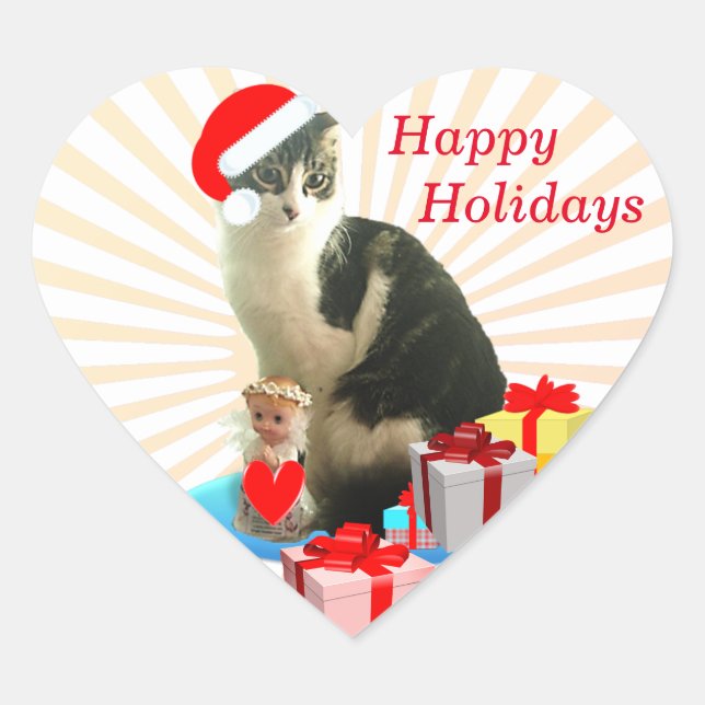 Sticker Cœur Joyeuses fêtes Noël Chat & Ange (Devant)