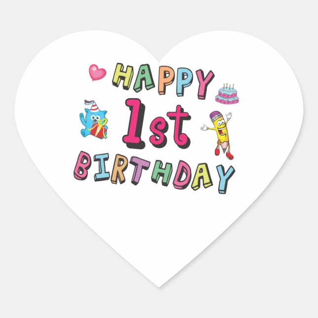 Sticker Cœur Joyeux 1er anniversaire pour enfants de 1 an B jou (Devant)