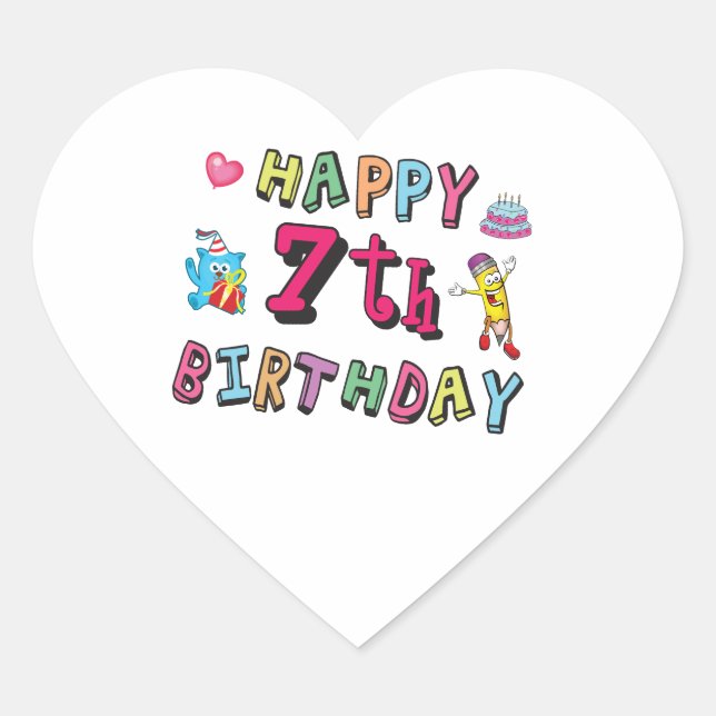 Sticker Cœur Joyeux 7ème anniversaire. 7 ans. (Devant)
