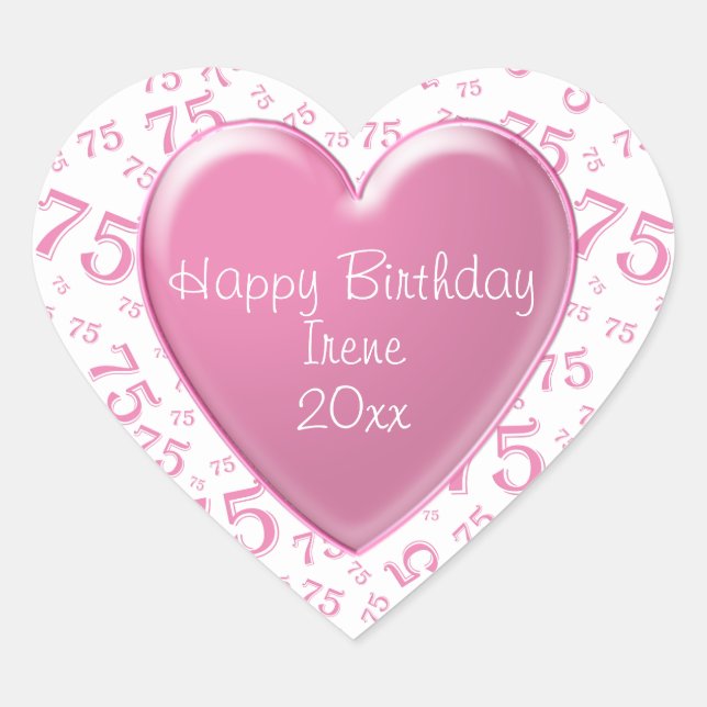 Sticker Cœur Joyeux anniversaire : 75e Motif de numéro rose/bla (Devant)