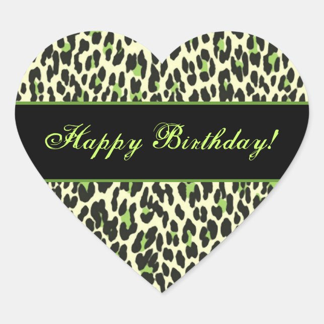 Sticker Cœur Joyeux anniversaire au léopard vert et crème (Devant)