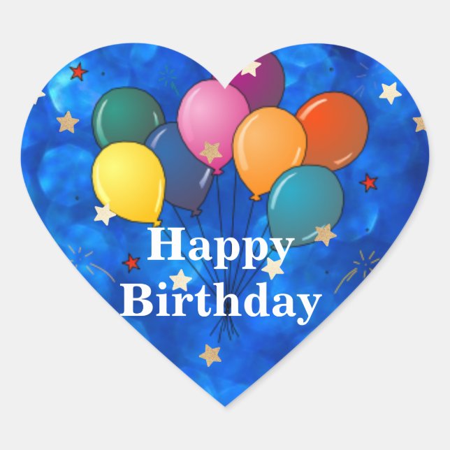 Sticker Cœur "Joyeux anniversaire", Ballons de fête et étoiles (Devant)