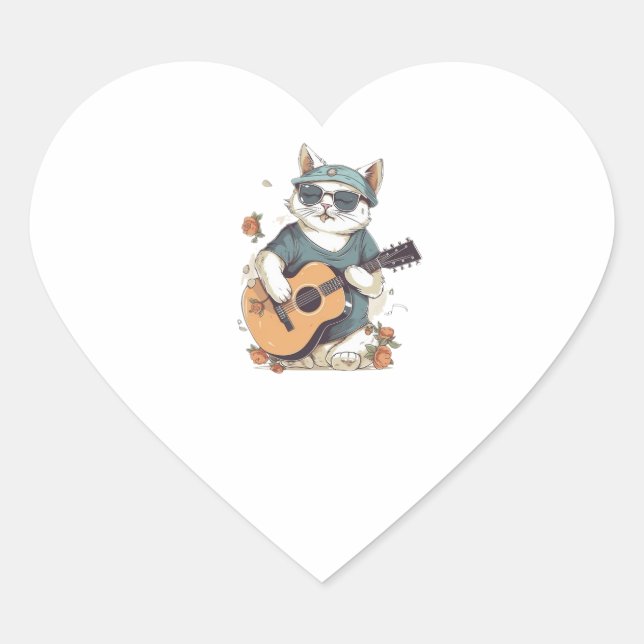 Sticker Cœur Joyeux Anniversaire Chat chantant et jouant de la  (Devant)