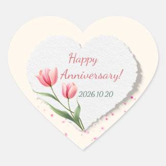 Sticker Cœur Joyeux Anniversaire Cœur Aquarelle Tulipe Rose