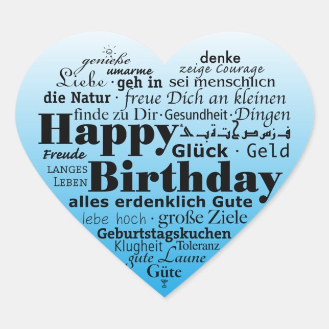 Sticker Cœur Joyeux anniversaire en plusieurs langues (Devant)