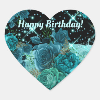 Sticker Cœur Joyeux anniversaire | Roses Turquoises avec Partie