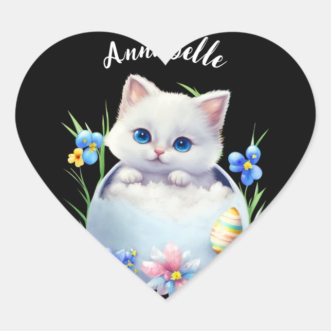 Sticker Cœur Joyeux Kitten blanc de Pâques avec fleurs (Devant)