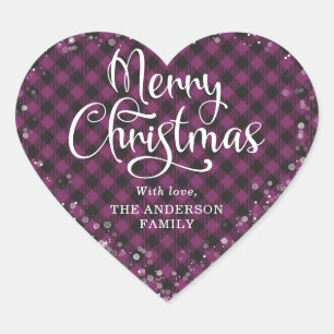 Sticker Cœur Joyeux Noël Purple Plaid Calligraphie Neige