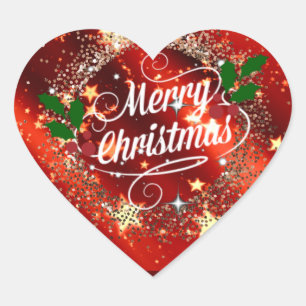 Sticker Cœur Joyeux Noël, rouge et or étincelant,