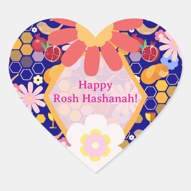 Sticker Cœur Joyeux Rosh Hashanah Juif Nouvel An Modèle Floral (Devant)
