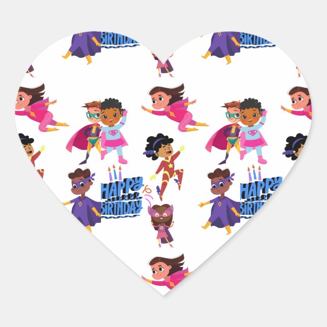 Sticker Cœur Joyeux Superhéros d'anniversaire (Devant)