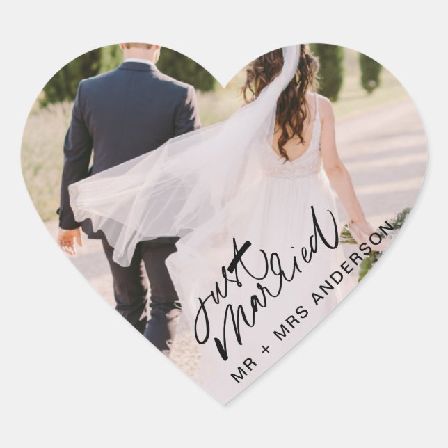 Sticker Cœur Juste Marié Photo Mariage Merci Favoriser (Devant)