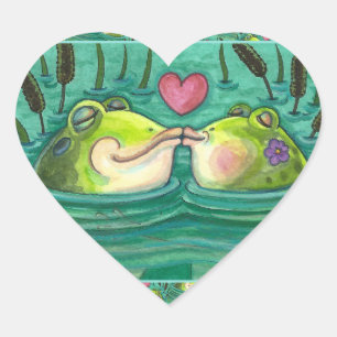 STICKER CŒUR KISSING FROGS COLORÉ & CUTE POND ROMANCE, AMUSANT
