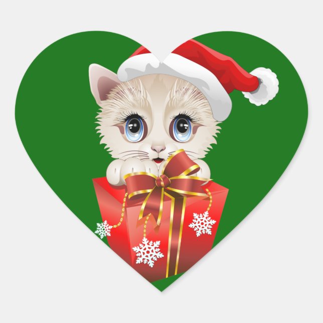 Sticker Cœur Kitten Noël Père Noël avec cadeau (Devant)