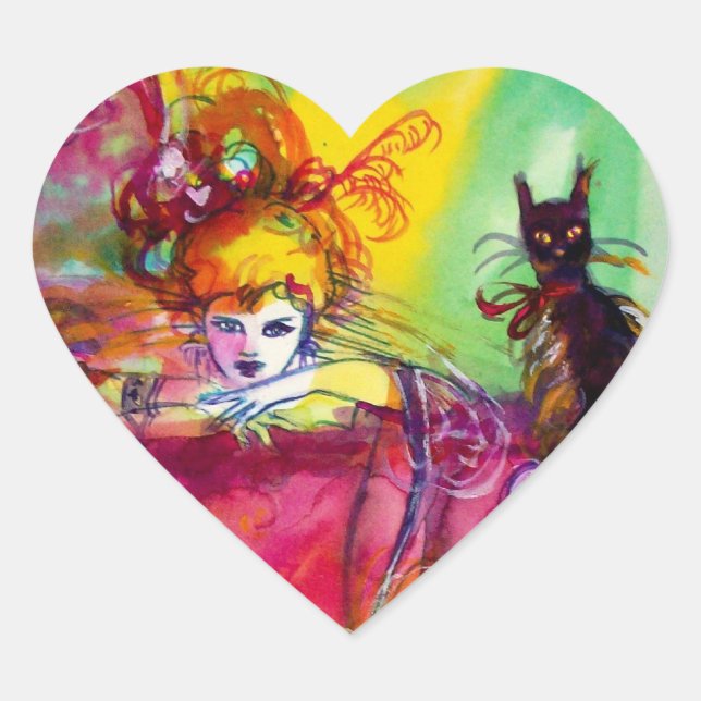 Sticker Cœur LADY AVEC CHAT NOIR / Coeur mascarade vénitienne (Devant)