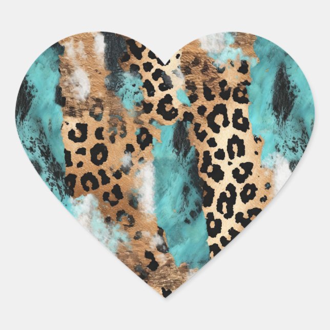 Sticker Cœur Leopard blanc d'or turquoise (Devant)
