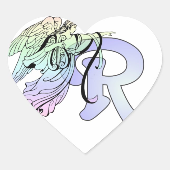 Sticker Cœur Lettre R Monogramme initial Ange Gardien Bleu Pass (Devant)