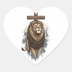 Sticker Cœur Lion chrétien et croix vintage