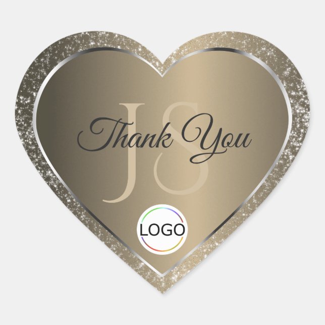Sticker Cœur Logo et initiales Platine Beige pailletés Merci (Devant)