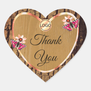Sticker Cœur Logo Merci Cute Écorce d'Arbre Grain de Bois Rusti