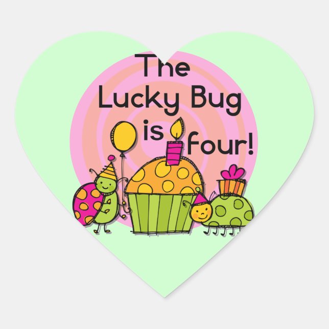 Sticker Cœur Lucky Bug Cupcake 4th Birthday T-shirts et cadeaux (Devant)