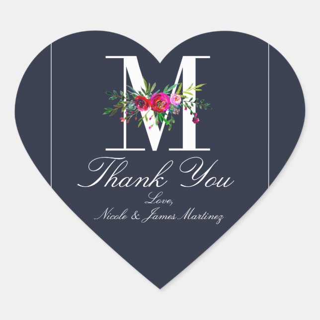 Sticker Cœur M Monogramme Dernier initial bleu Floral Mariage (Devant)