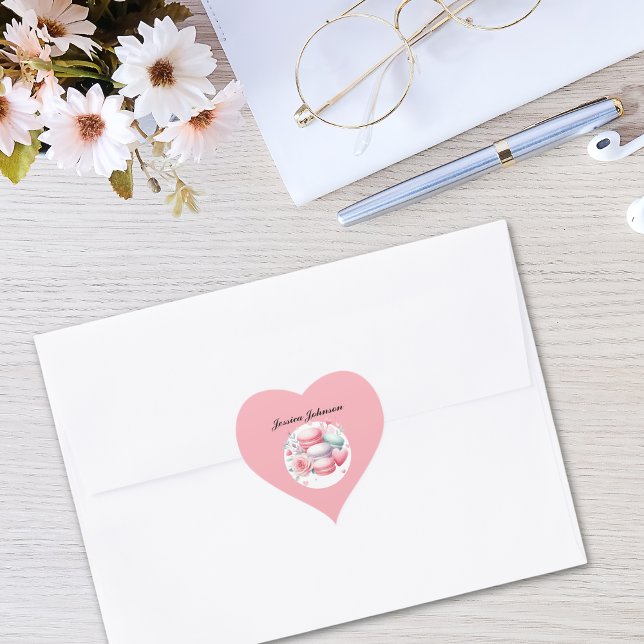 Sticker Cœur Macarons mignons rose et blanc Personnalisé (Cute Personalized Pink Heart Sticker)