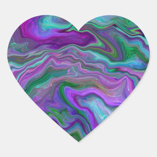 Sticker Cœur Marbre violet, vert et bleu Fluid Art (Devant)