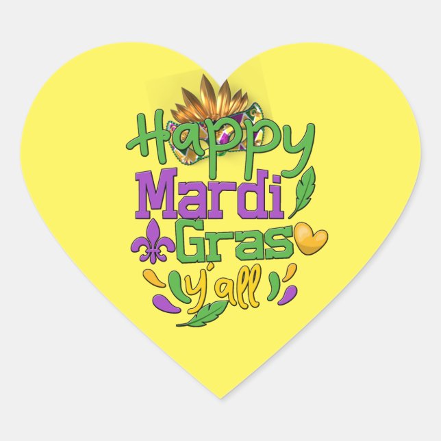 Sticker Cœur Mardi Gras - Joyeux Mardi Gras Y'all Throw (Devant)