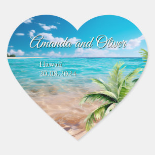Sticker Cœur Marées Turquoise Tropical Palm Tree Beach Mariage