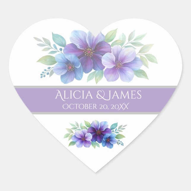 Sticker Cœur Mariage d'aquarelle romantique bleu violet (Devant)