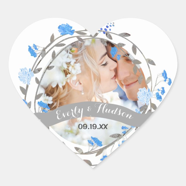 Sticker Cœur Mariage de couronnes florales de pivoine bleue (Devant)