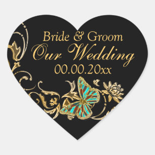 Sticker Cœur Mariage de papillon noir or fiançailles