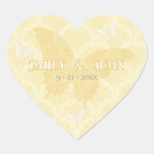 Sticker Cœur Mariage de papillons de campagne jaune et blanc